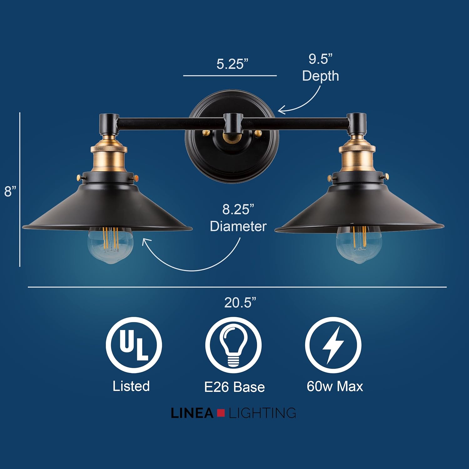 Linea di Liara Andante 2 Light Bathroom Vanity Light Industrial Gold and Matte Black Light Fixtures Above Mirror Light Farmhouse Vanity Lights for Bathroom Lighting, Bulb Included