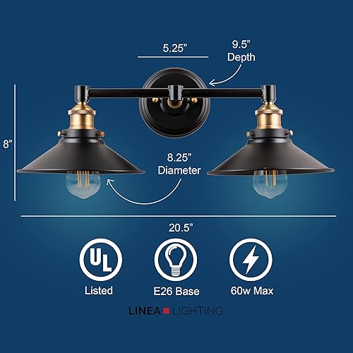Miniatura 3 de Linea di Liara Andante - Lámpara de tocador de baño con 2 luces, industrial, dorada y negra mate, lámpara sobre espejo, luces de tocador de casa de
