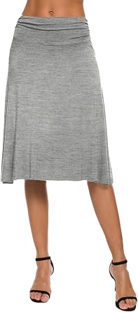 Women's Elegant Casual Solid Stretchy Swing Yoga Skirt Elastic Waist Flared A-Line Midi Skirt