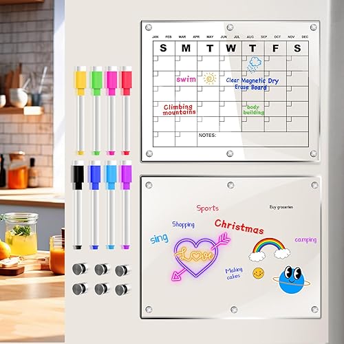 Calendario acrílico magnético para refrigerador, calendario magnético acrílico de borrado en seco para refrigerador, marcador borrable de 8 colores