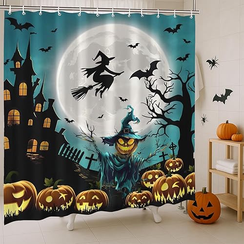 Miniatura 4 de Cortina de ducha de Halloween de 72 x 72 pulgadas, divertida decoración de baño, día de Halloween, malvado, calabaza, terror, bruja, primavera,