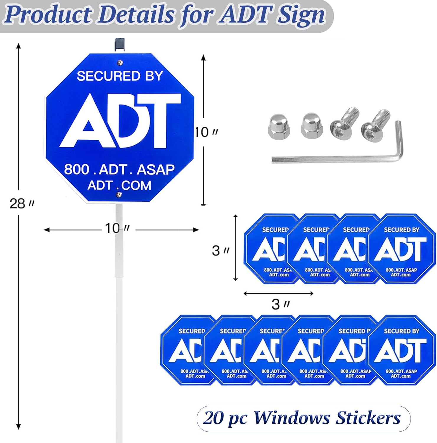 28" Security Signs for Yard with Stake & 10 Pcs ADT Window Stickers, 100% Aluminum Heavy Duty Weatherproof ADT Security Signs Weather Resistance Yard Signs，2 Pack