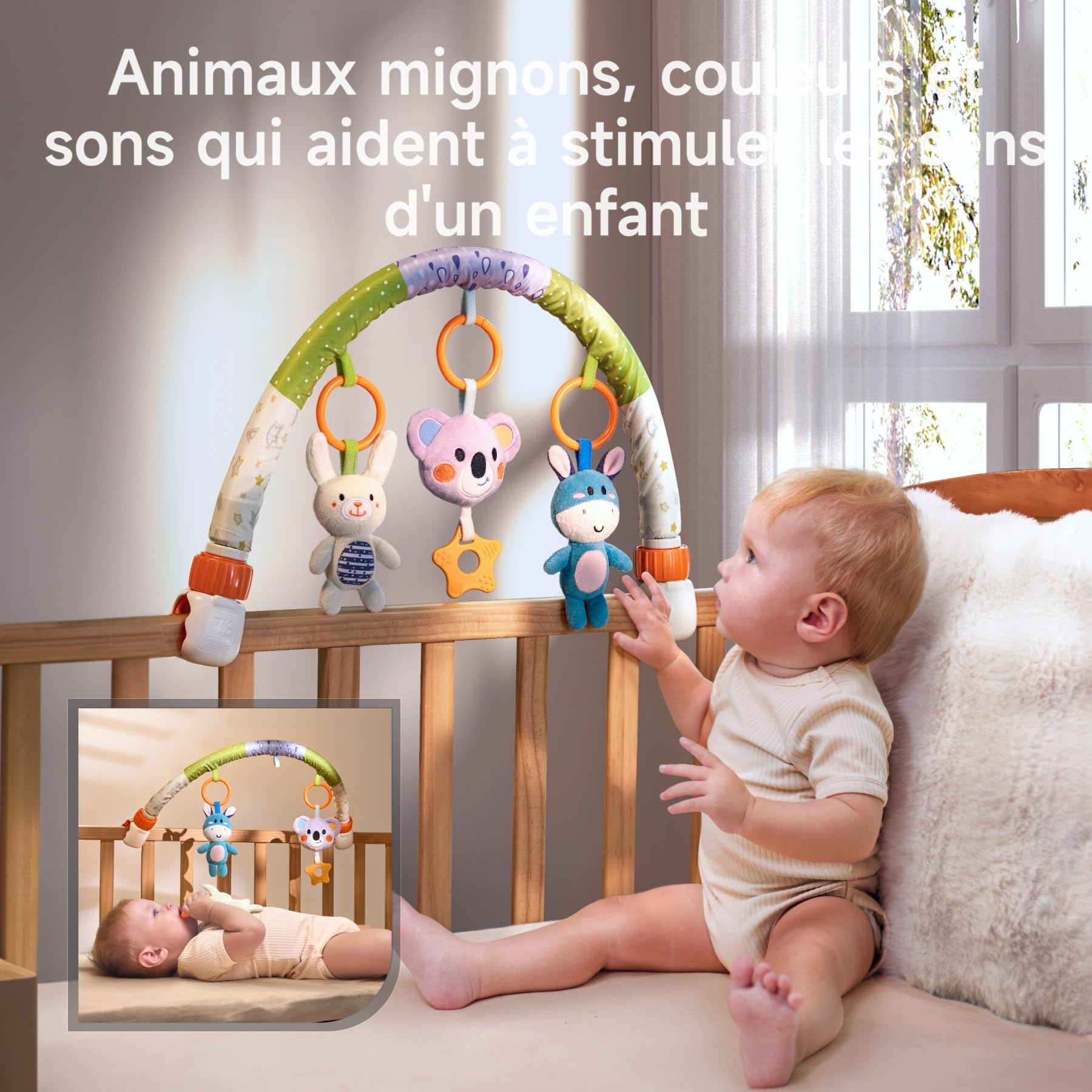 TUMAM Arche Eveil Jouet Poussette pour Bébé 0-3 6-9 Mois, Bebe Jeux Eveil Suspendu D'activité avec Hochet Et Anneaux De Dentition pour Auto, Stroller Arch, Berceau - Peluche Animaux Hochet Cadeau
