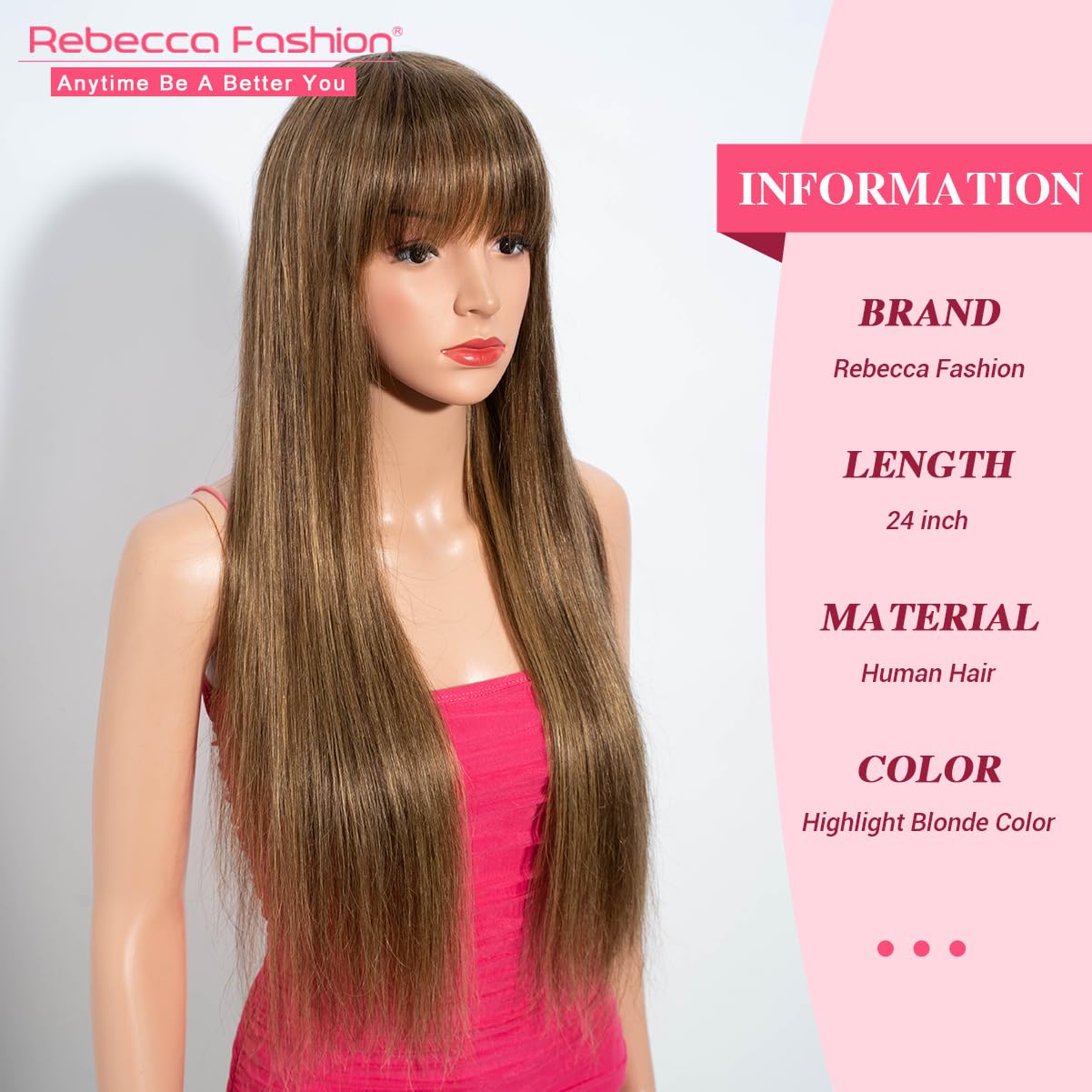 Rebecca Fashion 24 Inch Highlight BlondeStraight Wigs with Bangs Human Hair Wigs for Black Women None Lace Front Wigs 10A Brazilian Virgin Hair Glueless Machine Made Wig - Image 2
