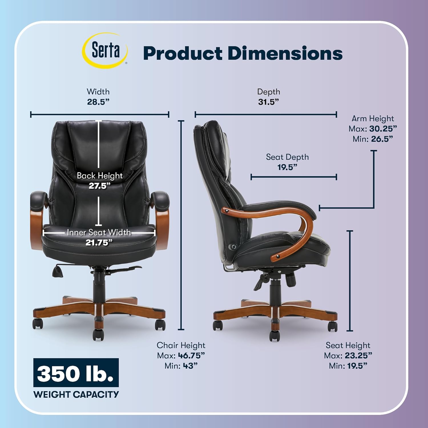 Serta Conway Big and Tall Executive Office Chair - Ergonomic Lumbar Support, Bonded Leather, Padded Armrests, High Back Computer Desk Chair, Black
