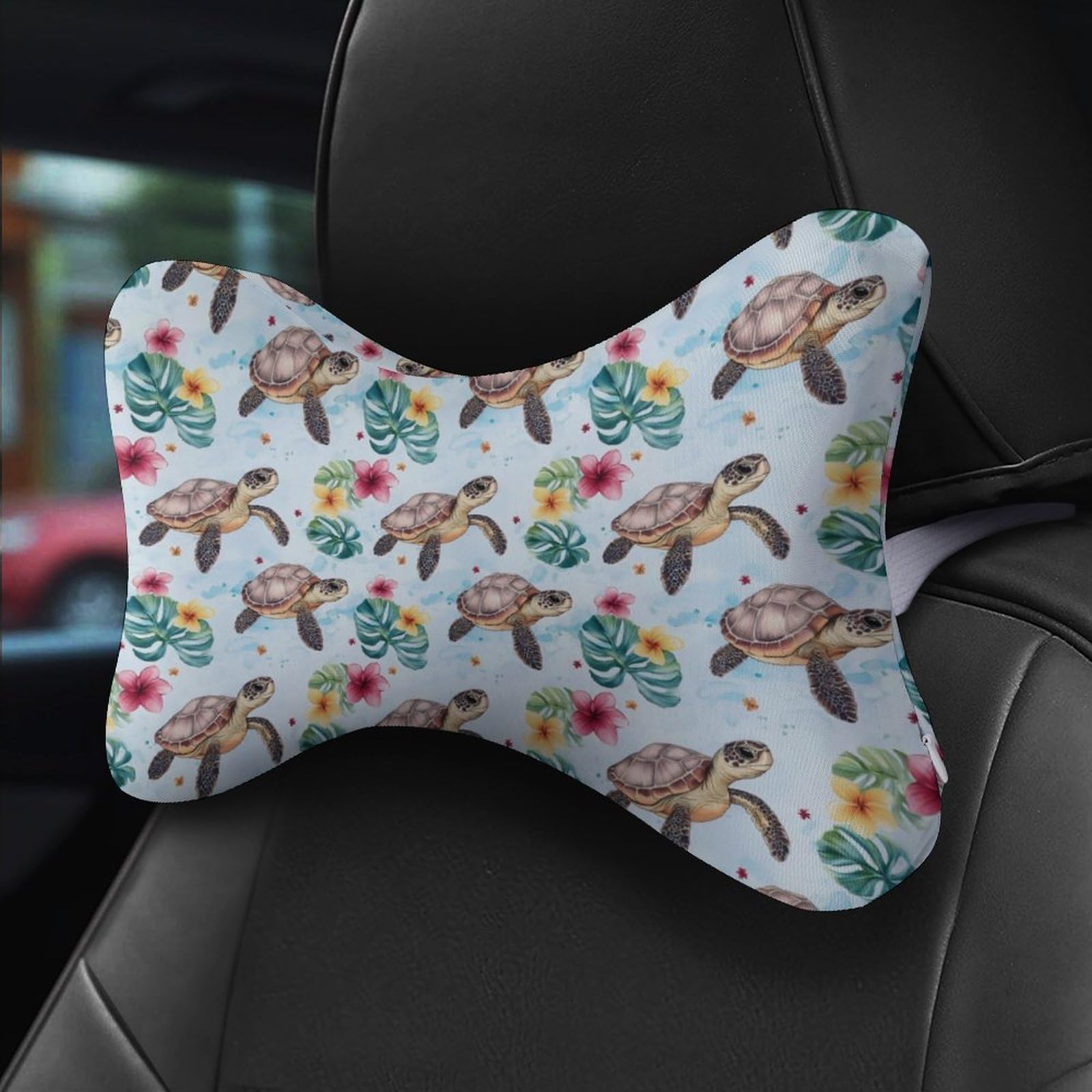 SMAZDFXX Sea ​​Turtle Floral Car Neck Pillow Set of 2 Car Seat Head Support Cushion Bone Pillows with Elastic Strap