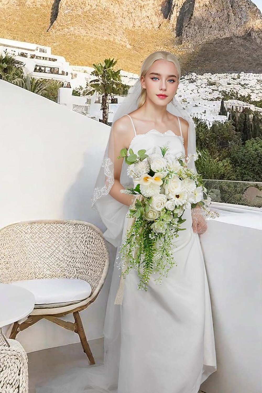 Wedding Bouquets for Bride, 16 Inches Wedding Flower Bouquet, Silk Round Bridal Bouquet for Wedding, Ceremony, Anniversary