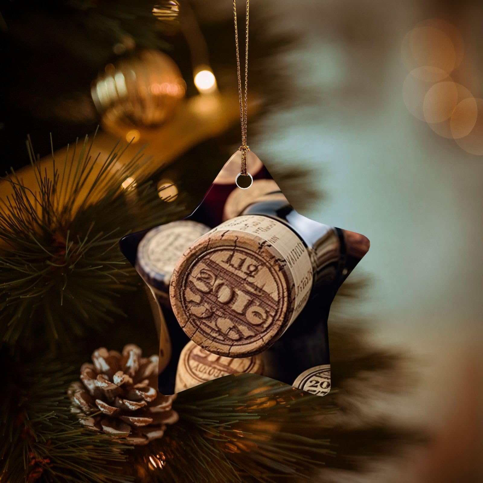 Christmas Ornaments for Christmas Tree Decoration Hanging Wine Bottle Stopper with Vintage Ornament with Gold Ribbon Crafts Star Shape Ceramic Pendant for Keepsake Gifts Xmas Decor Party Supplies