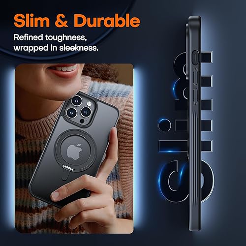 Miniatura 6 de TAURI Anillo magnético giratorio de 360 para iPhone 14 Pro, funda negra diseñada para Magsafe con soporte y soporte de anillo, translúcida mate a