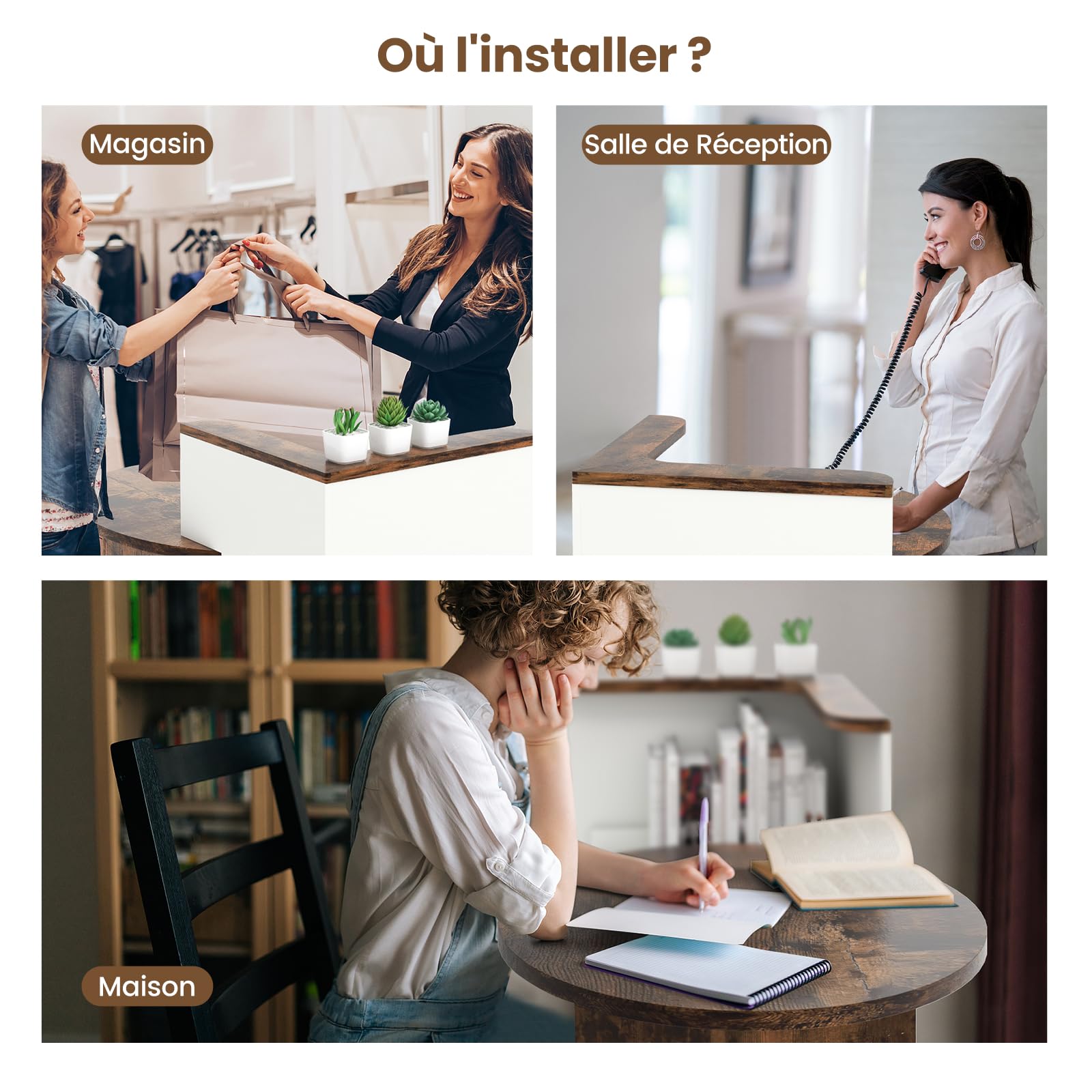 KOMFOTTEU Comptoir Réception, Tiroir Verrouillable & 2 Étagèrs Ouvertes, Comptoir Caisse, Bureau Réception, pour Boutique, Coiffure, Hôtel, Salon de Beauté, Industriel + Blanc, 120 x 70 x 100 cm