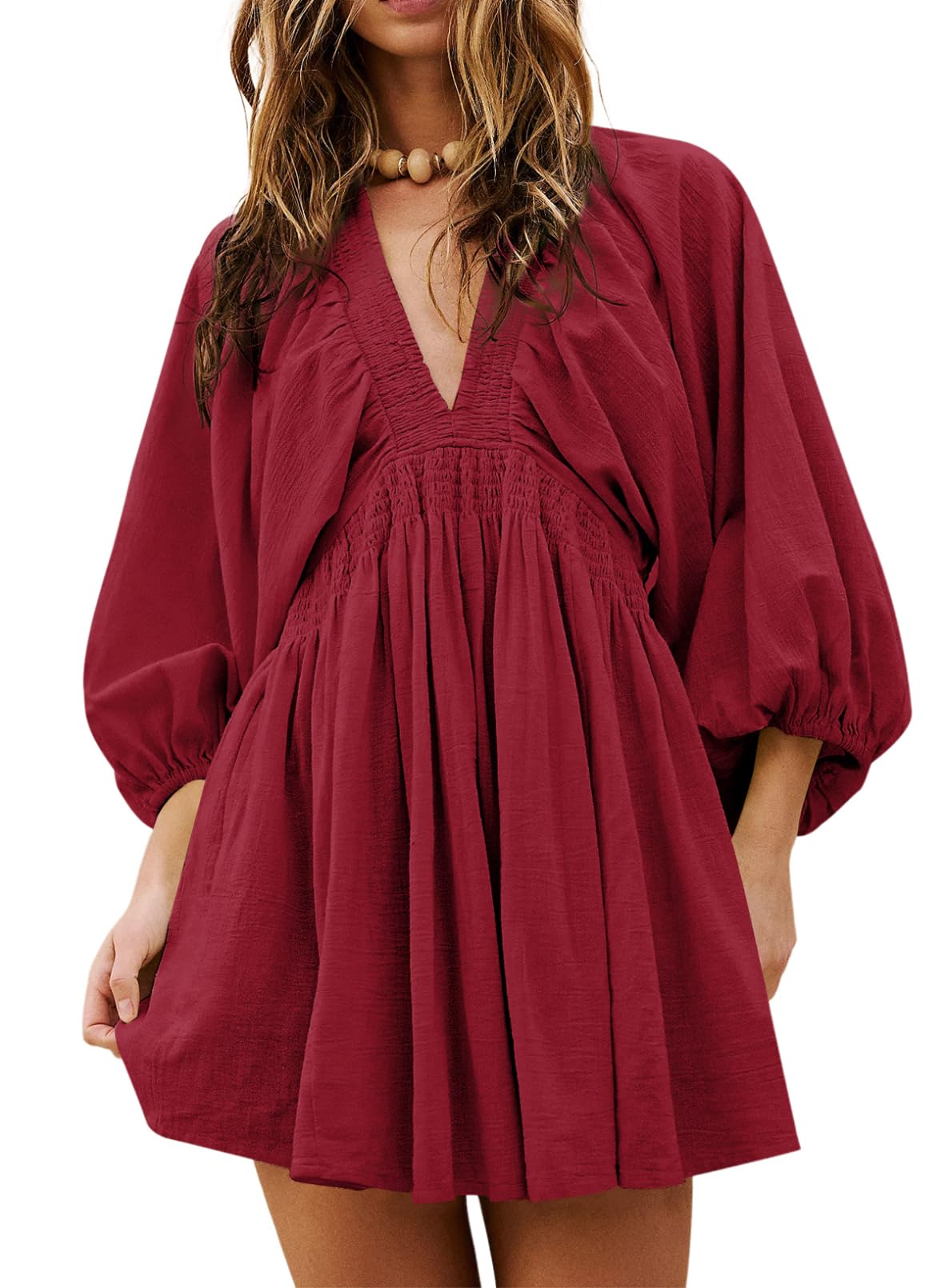 Acelitt Womens Spring Long Sleeve V Neck Casual Loose Flowy Ruffle A Line Babydoll Mini Dress Beach Vacation Outfits