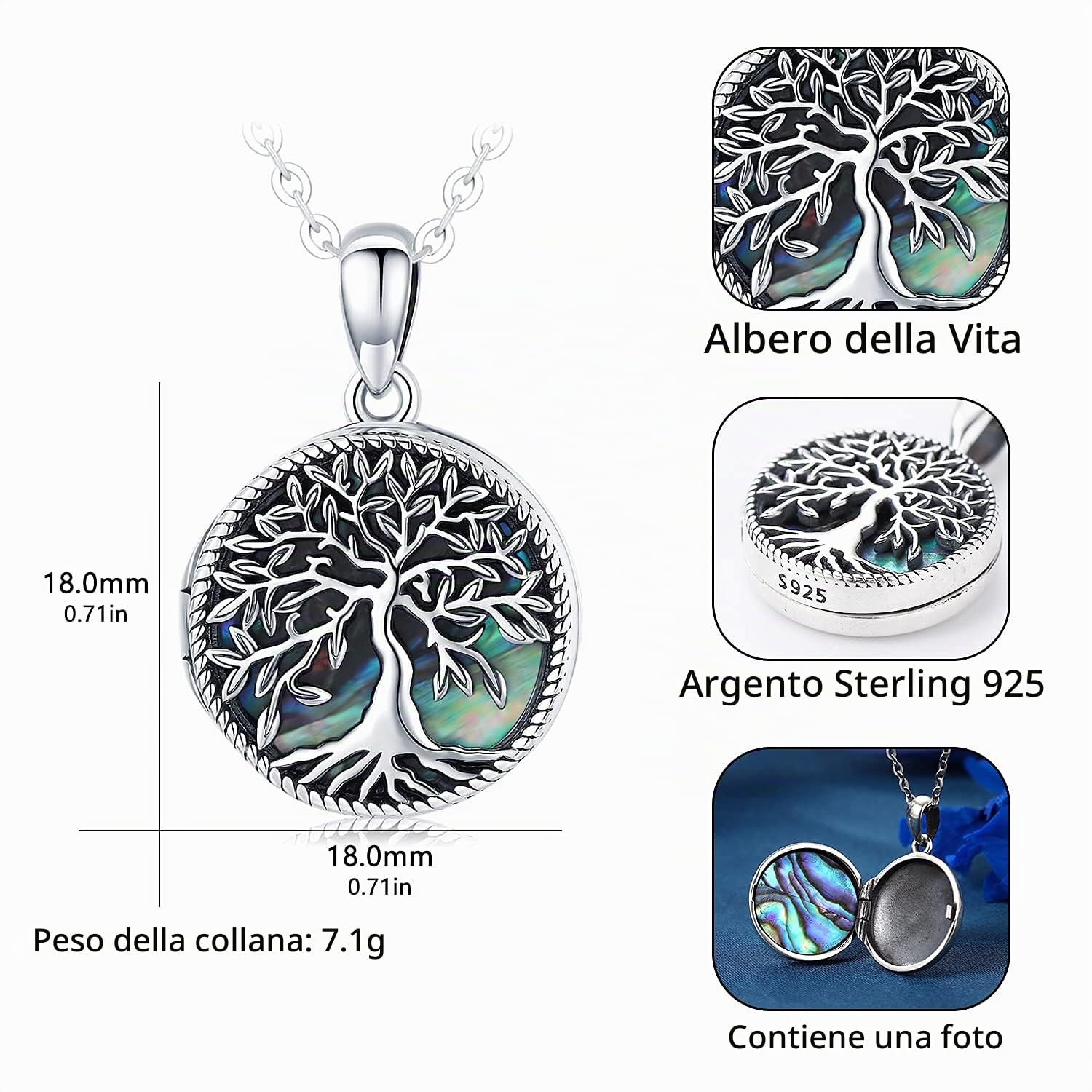 Collana con Medaglione Foto in Argento Sterling 925, Collana Personalizzata Foto, Ciondolo Portafoto Albero della Vita, Regali di Gioielli di Memoria per Donne Ragazze Mamma