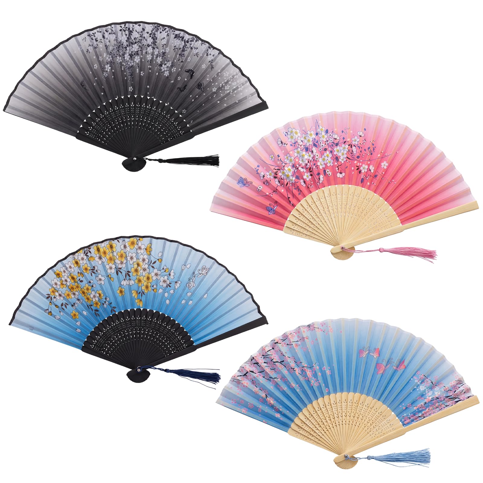 XiangJunly 4 Pcs Hand Fan Folding Hand Fans for Women, Silk Fan