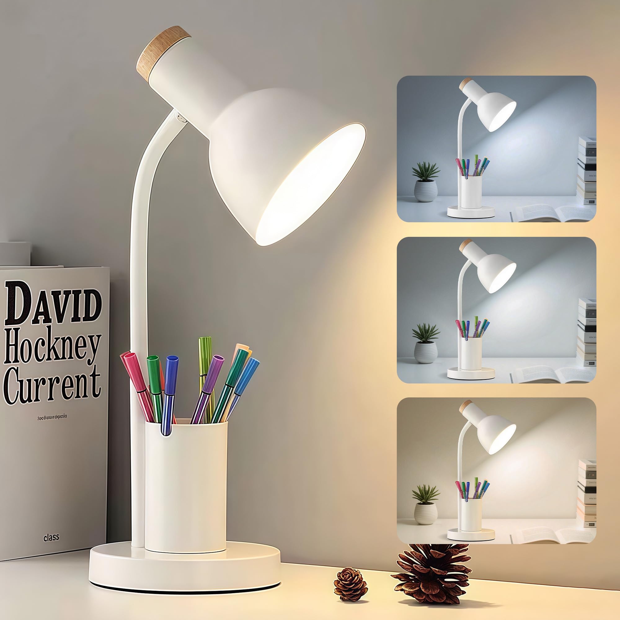 LED Schreibtischlampe mit Stifthalter, augenschonende Schreibtischlampe 3 Farbmodi Leselicht flexible Schwanenhals-Metall-Studienlampe, niedliche Tischlampen für Zuhause Büro Nachttisch Schlafsaal