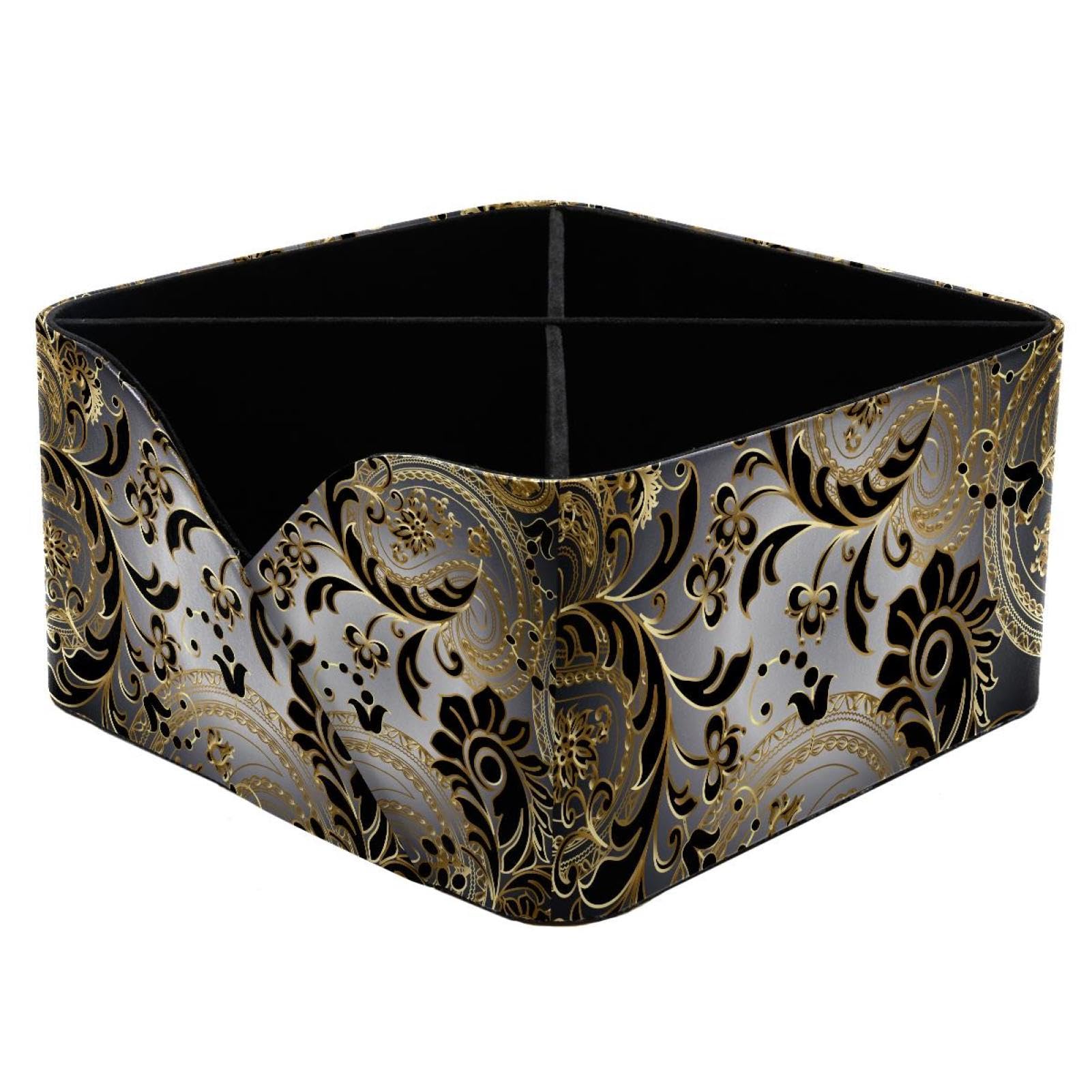 KengjuTesu Paisleys Floral Gold and Black Paisley Desktop Organizer Pen Holder, Rectangular Pencil Cup for Office, Study and Makeup Stations