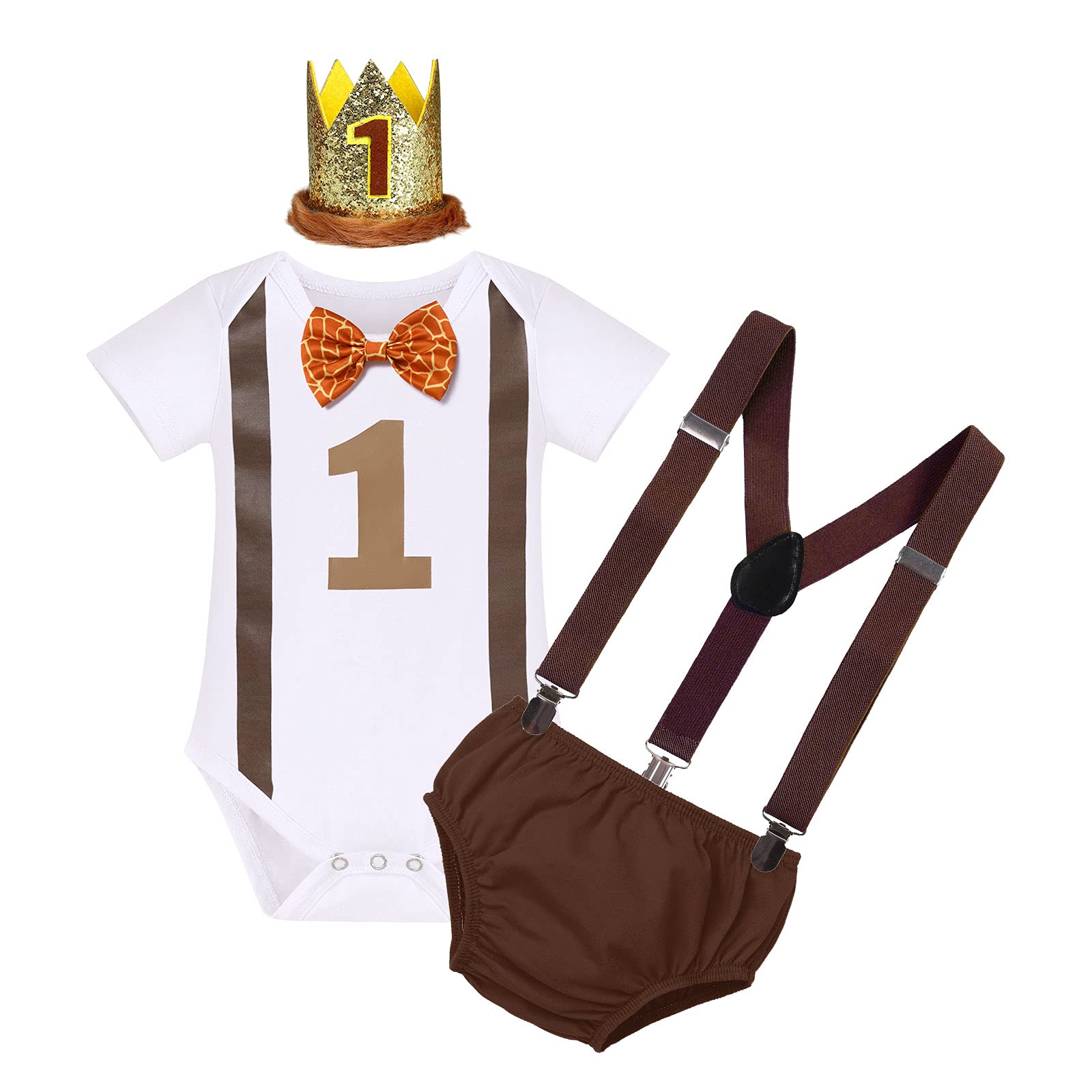 IMEKIS Baby Boy Wild One 1st Birthday Outfit Cake Smash Lion Bowtie Romper + Shorts + Suspenders + Crown Headband Photo Shoot