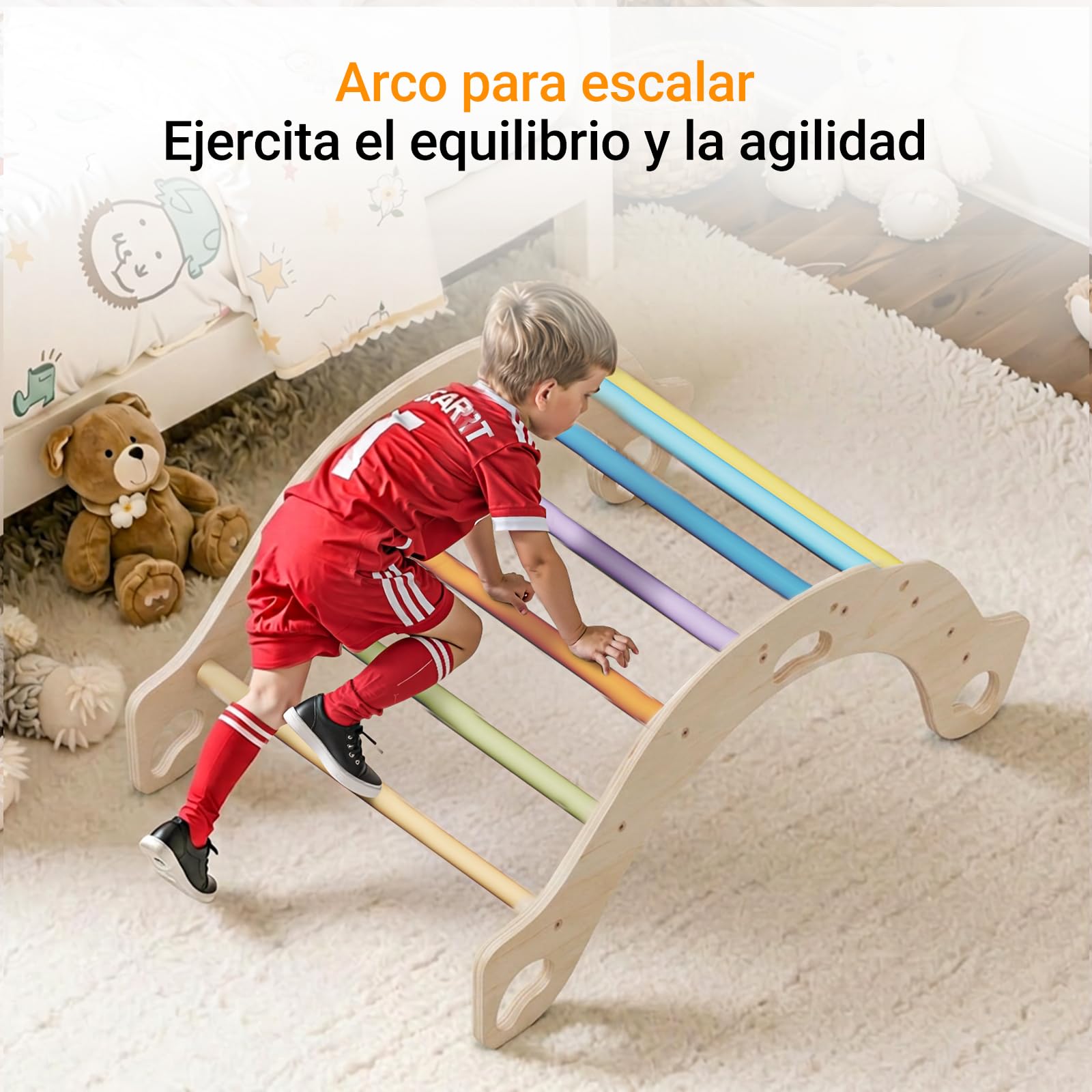 COSYLAND Arco de Escalada Montessori 3 en 1 – Triángulo de Madera Doble Cara, Balancín y Estructura de Actividades para Niños 18 Meses a 6 Años