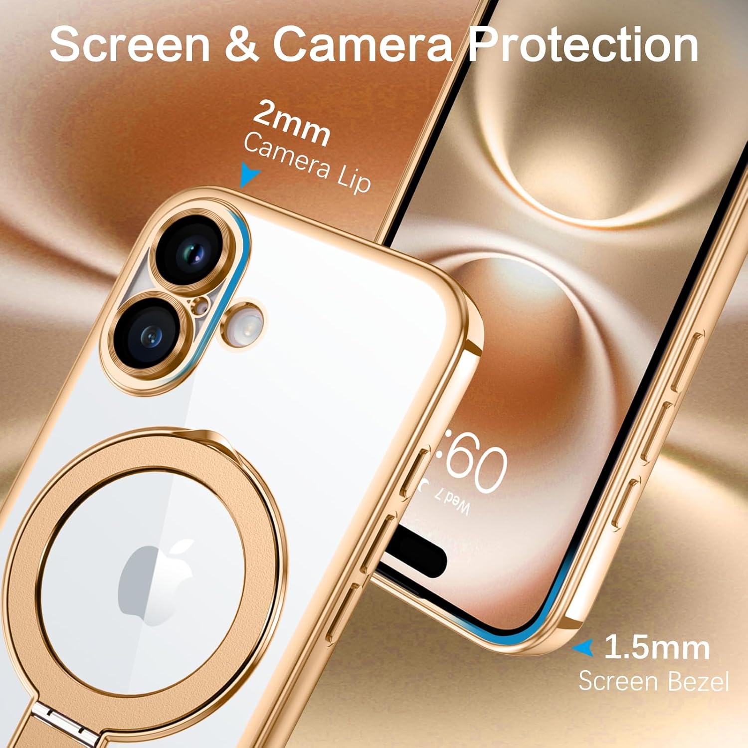 GUAGUA for iPhone 16 Plus Case with Stand, Magnetic Clear Cases Plating Edge Invisible Foldable Ring Holder Slim Shockproof Protective Kickstand Case for iPhone 16 Plus 6.7 inch, Desert Titanium Gold - Image 6