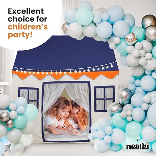 Miniatura 4 de Neatki Casa de juegos para niños, tienda de campaña grande con alfombrilla antideslizante, cortinas de encaje y 3 ventanas, diseño simple de nave