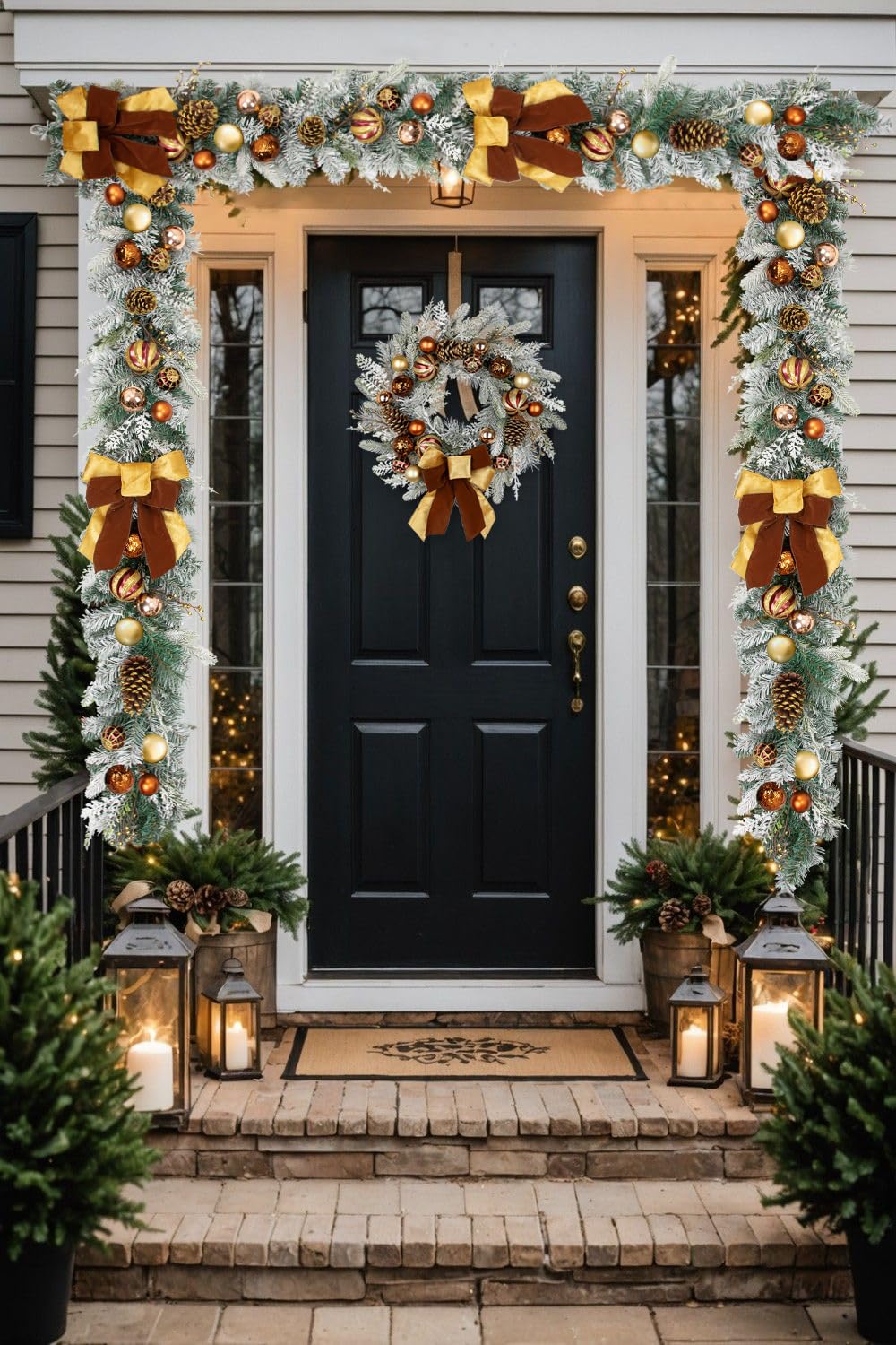 Briful Guirlande de Noël de 1,8 m avec ruban de velours, guirlande d'hiver artificielle avec pommes de pin naturelles, grappes de baies, boules de Noël en bronze pour décorations de Noël de