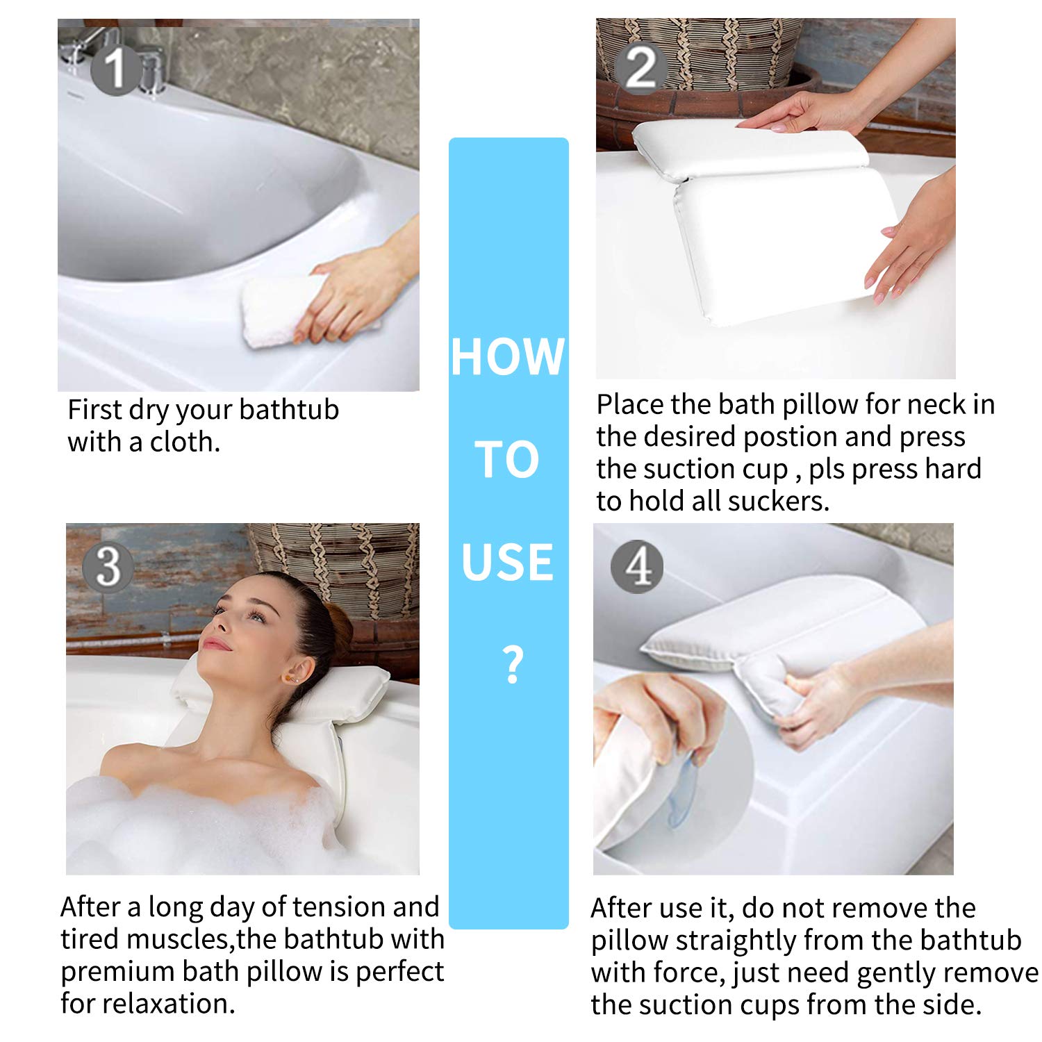 Almohada de Baño, Almohadas para bañera con 7 Ventosas Antideslizantes, Diseño de 2 Paneles para Cabeza, Cuello y Espalda, Ideal para Jacuzzi SPA e Hidromasajes (14.5" x 11")