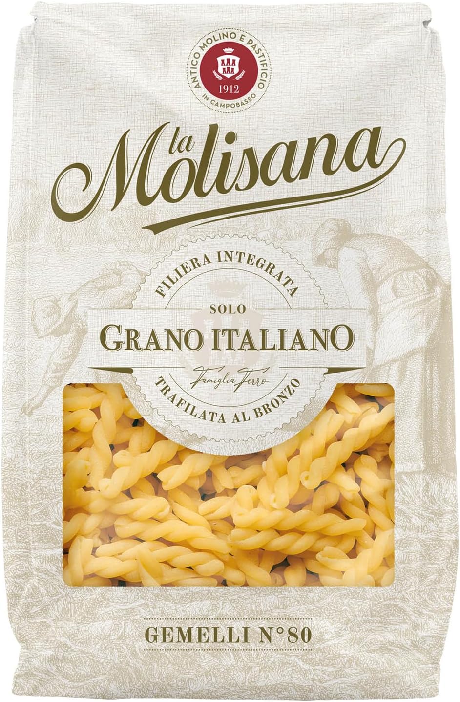 La Molisana - Gemelli n. 80, Pasta Classica da Solo Grano Italiano, Trafilata al Bronzo, Doppia Spirale Avvolgente che Cattura Ogni Tipo di Condimento,