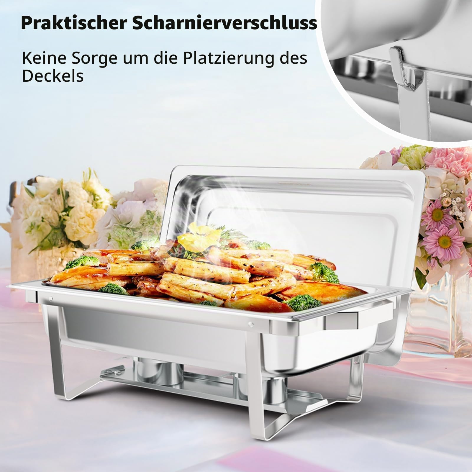 Rovsun Warmhaltebehälter Essen aus Edelstahl 9 L, Chafing Dish 60x36x30 cm, Speisenwärmer Speisebehälter,Wärmebehälter Buffet Wärmer Rechaud mit Rollrand & faltbaren Gestell 4pc
