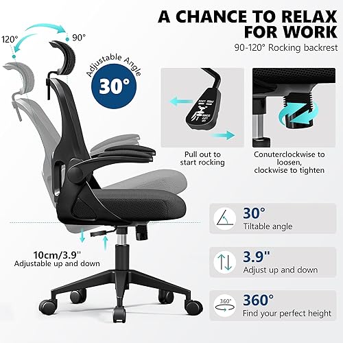 Miniatura 5 de Silla de oficina ergonómica, silla de escritorio de malla con reposacabezas ajustable y soporte lumbar, silla de computadora con ruedas con