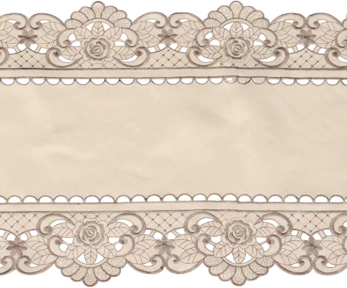 Arzoe Embroidered Lace Table Runner Elegant Vintage Mantel Scarf Dresser Scarves Cabinet Dining Room Table Decoration (Brown, 16 × 96 Inch)