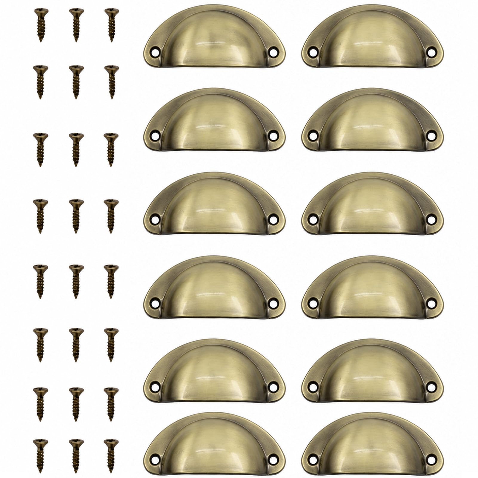 Funver 12 Pcs Vintage Shell Cup Pull Handles, Antique Brass Drawer Pulls 65mm Hole Centre for Kitchen Cabinets Dresser Cupboard Doors, Retro Half Moon Metal Knobs with Screws (Brushed Bronze)