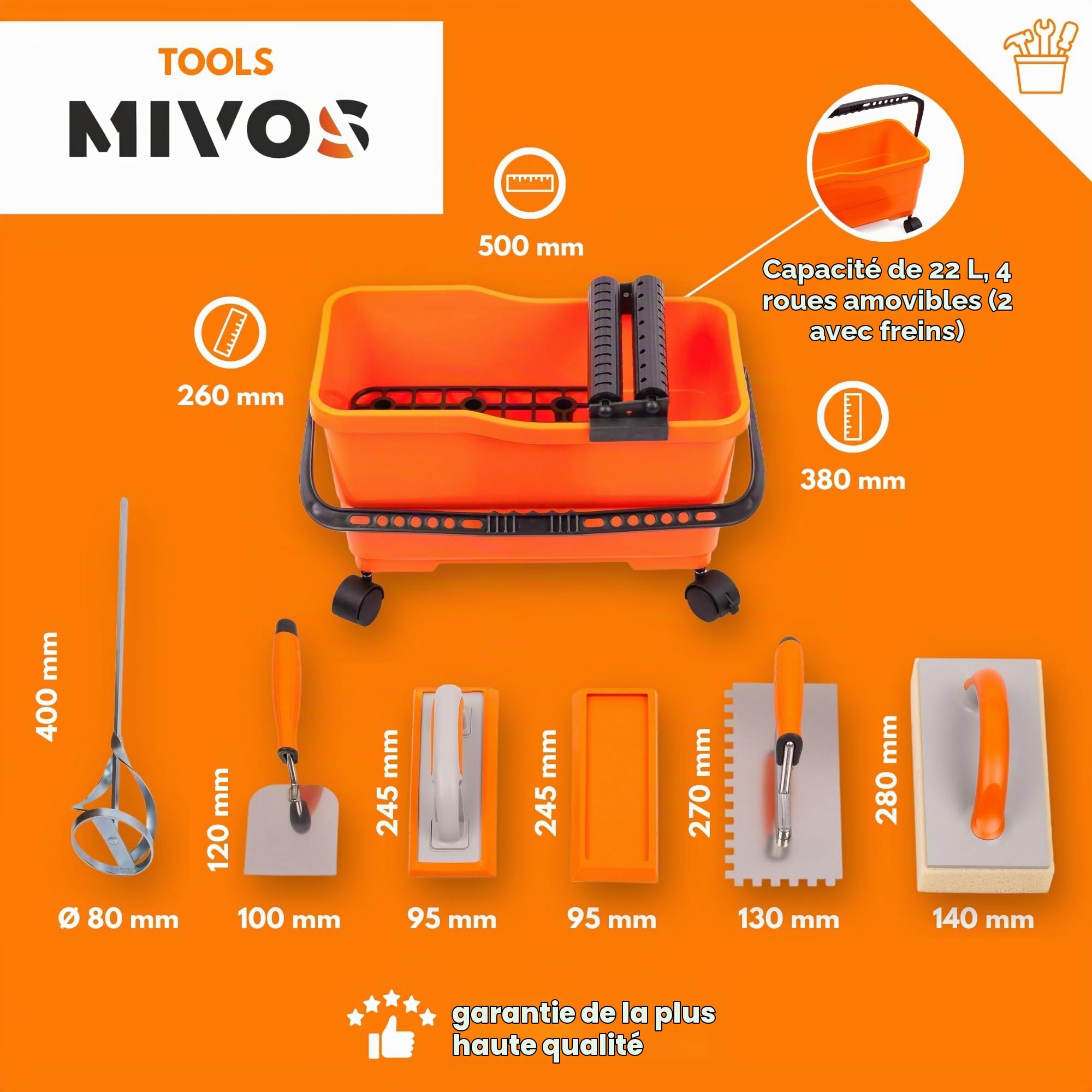 MIVOS Set de lavage de carrelage 7 pièces avec roues - professionnel - Spatule de stucateur - truelle dentée - Planche éponge - Planche à frotter - seau 22L - Mélangeur de mortier