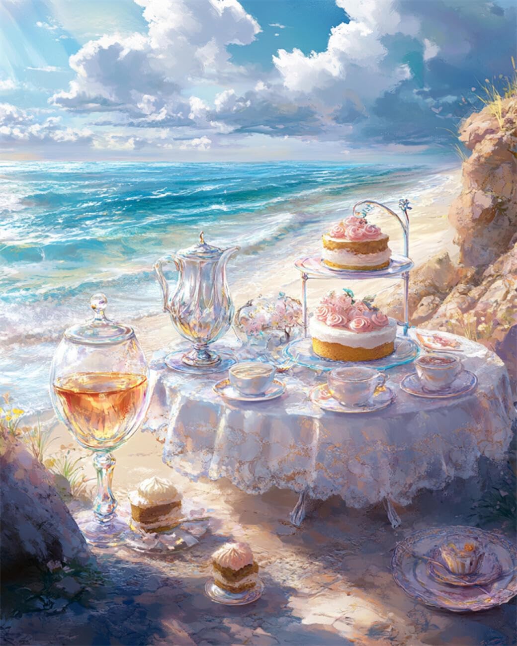 RKFLGEW DIY Embroidery Beads Set Afternoon Tea By The Sea 50x70cm