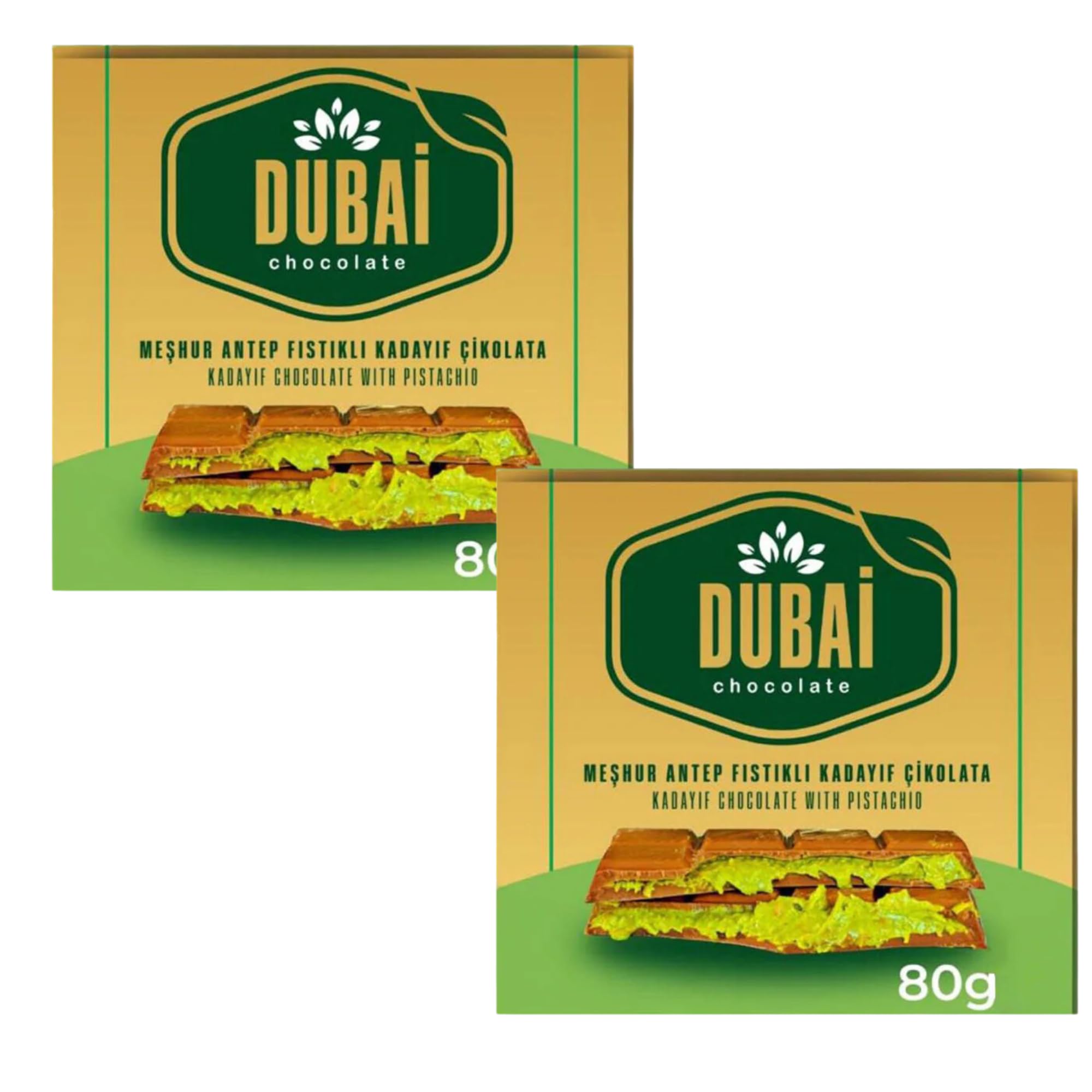 Dubai Chocolate Bar with Kadayif and Pistachio Cream 80g Dubai Kunefe knafeh Chocolate Small Gifts for Snack Treats Kids Family & Friend (Pack of 2)
