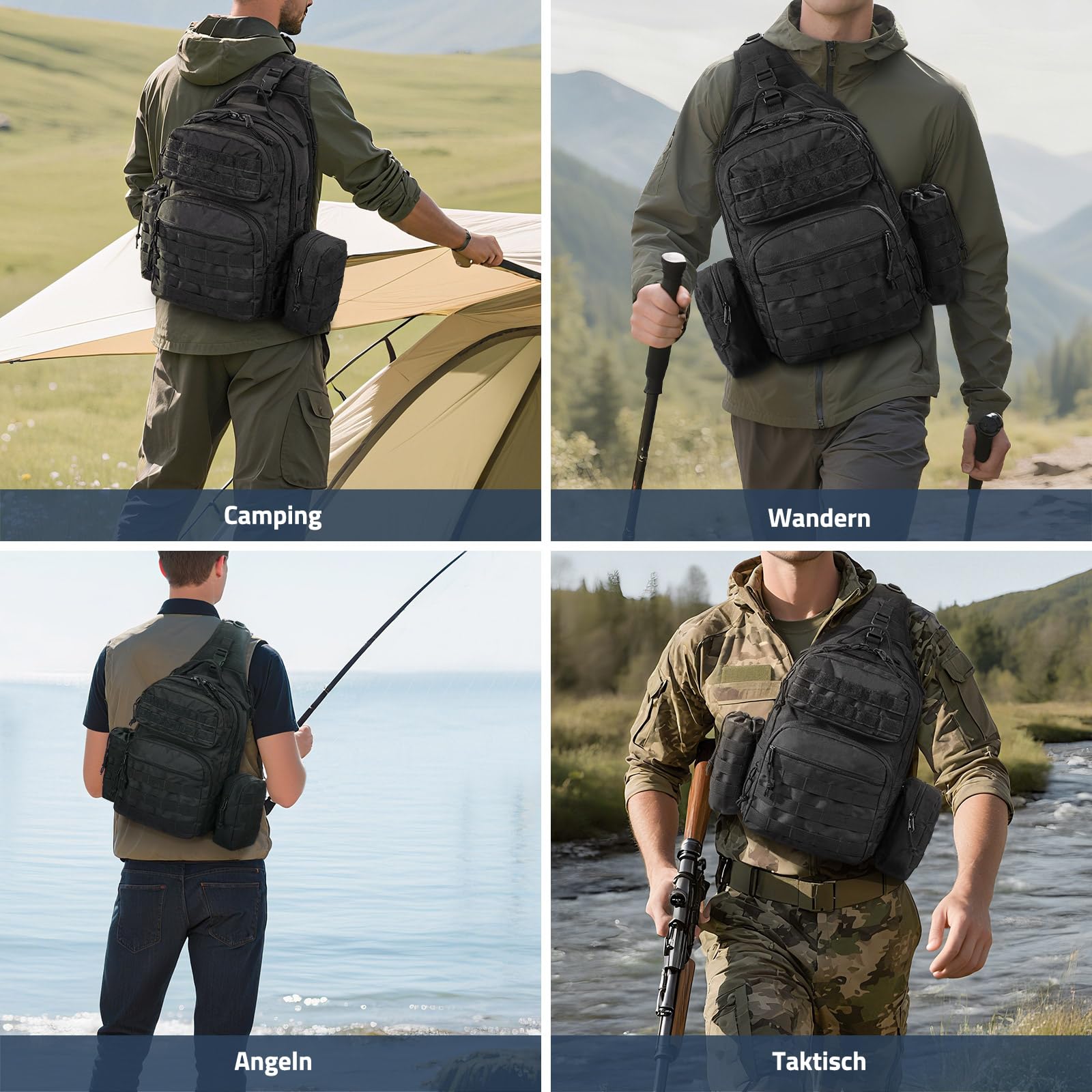 Taktische Sling Bag Rucksack für Herren Militärische Umhängetasche Molle Army Assault Abnehmbare taktische Tasche (Schwarz)
