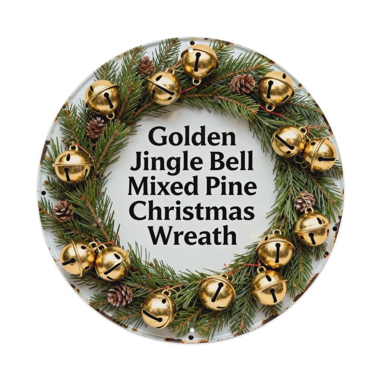 Golden Jingle Bell Mixed Pine Christmas Wreath Metal Tin Sign Plaque