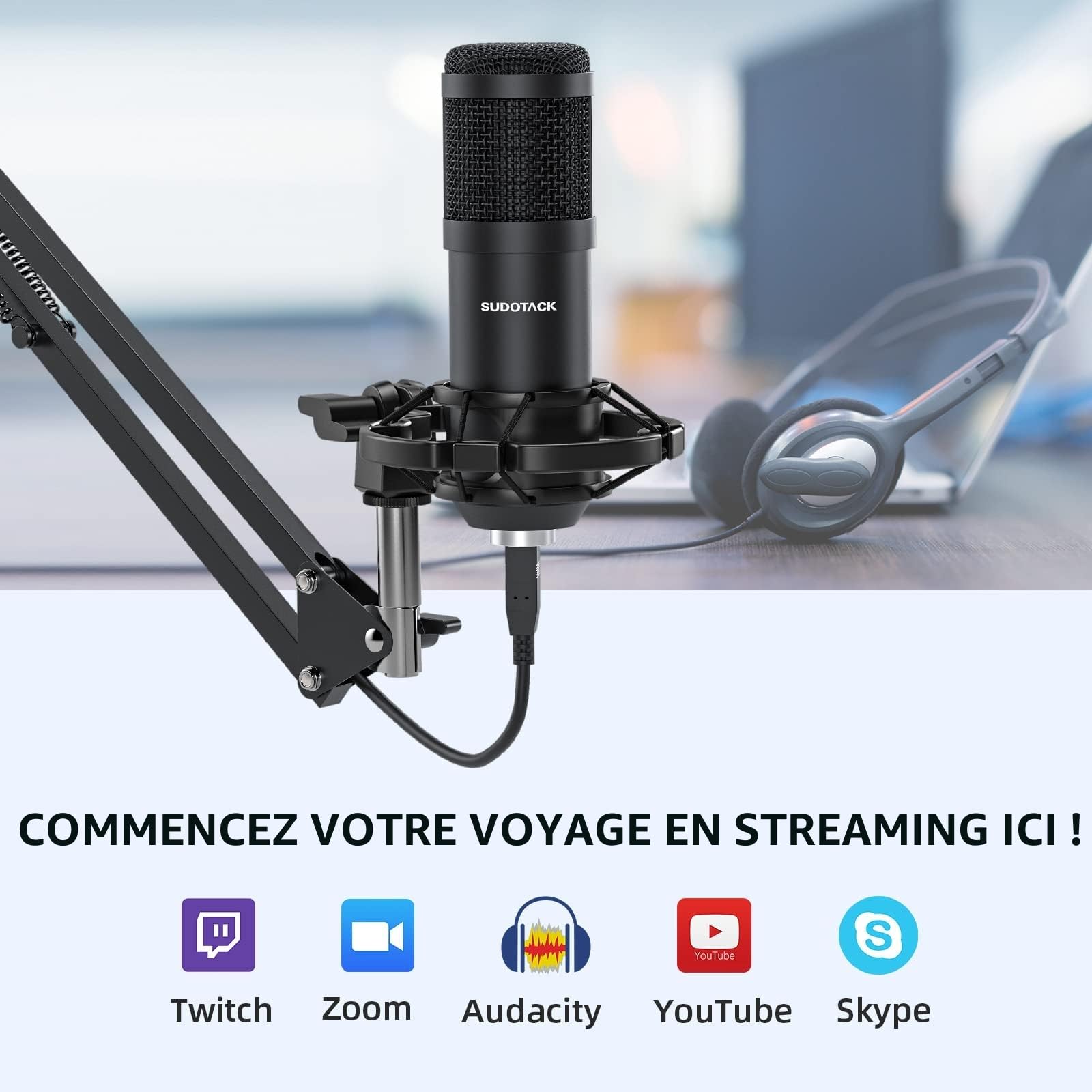 SUDOTACK Micro à Condensateur USB, Microphone avec Bras PC Cardioïde Professionnel pour Gaming, Podcasting, Enregistrement, Youtube, Home Studio, Voix Off, Home-Studio