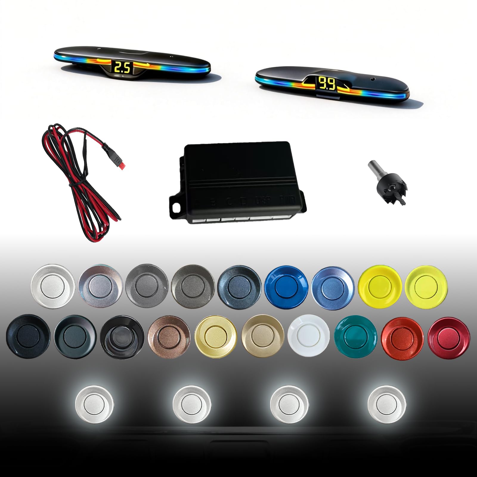 Parking Sensor kit New Feature Rear with Selectable Distance in Feet, Bidirectional Display Options, and Customizable Numeric Orientation And there are 20 color probes to choose from(Silver)