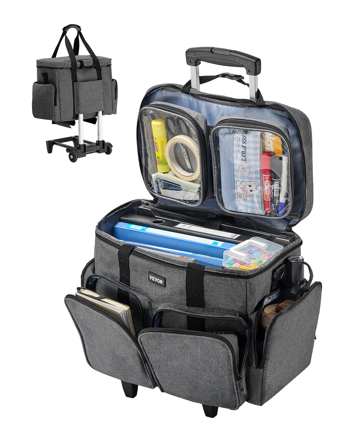 VEVOR Sac à roulettes pour Ordinateur Portable Jusqu'à 15,6 Pouces, Mallette à roulettes de PC avec Chariot Amovible, Poignée Télescopique, Tissu Mat 600D, pour Travail, Voyages, Femmes, Hommes, Gris