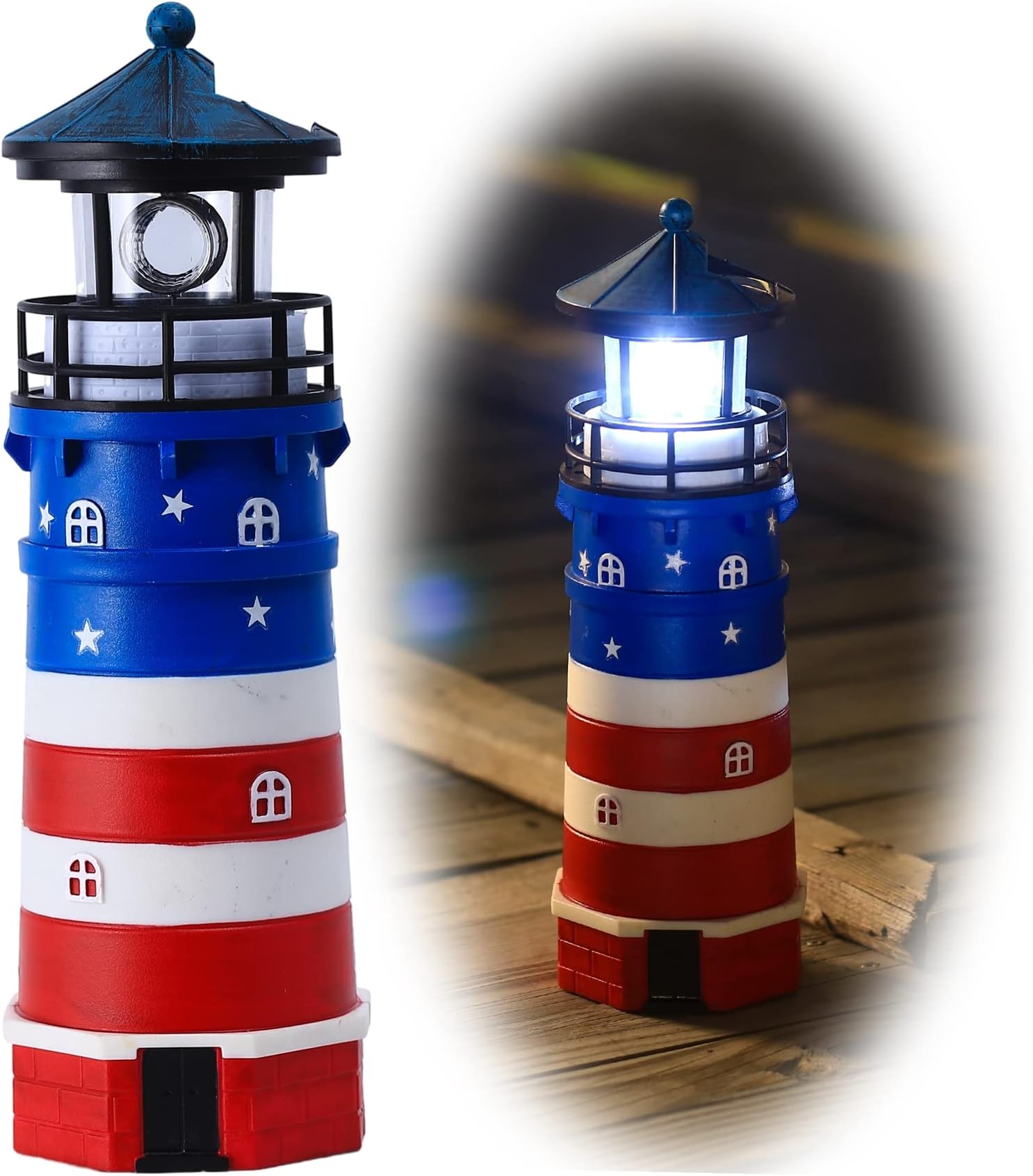 Solar Powered Lighthouse Decor,Solar Lighthouse with Rotating Beacon, 360 Degree Rotating Lighthouse Decoration, Best Lighthouse Gifts for Children(US Flag Blue Top)
