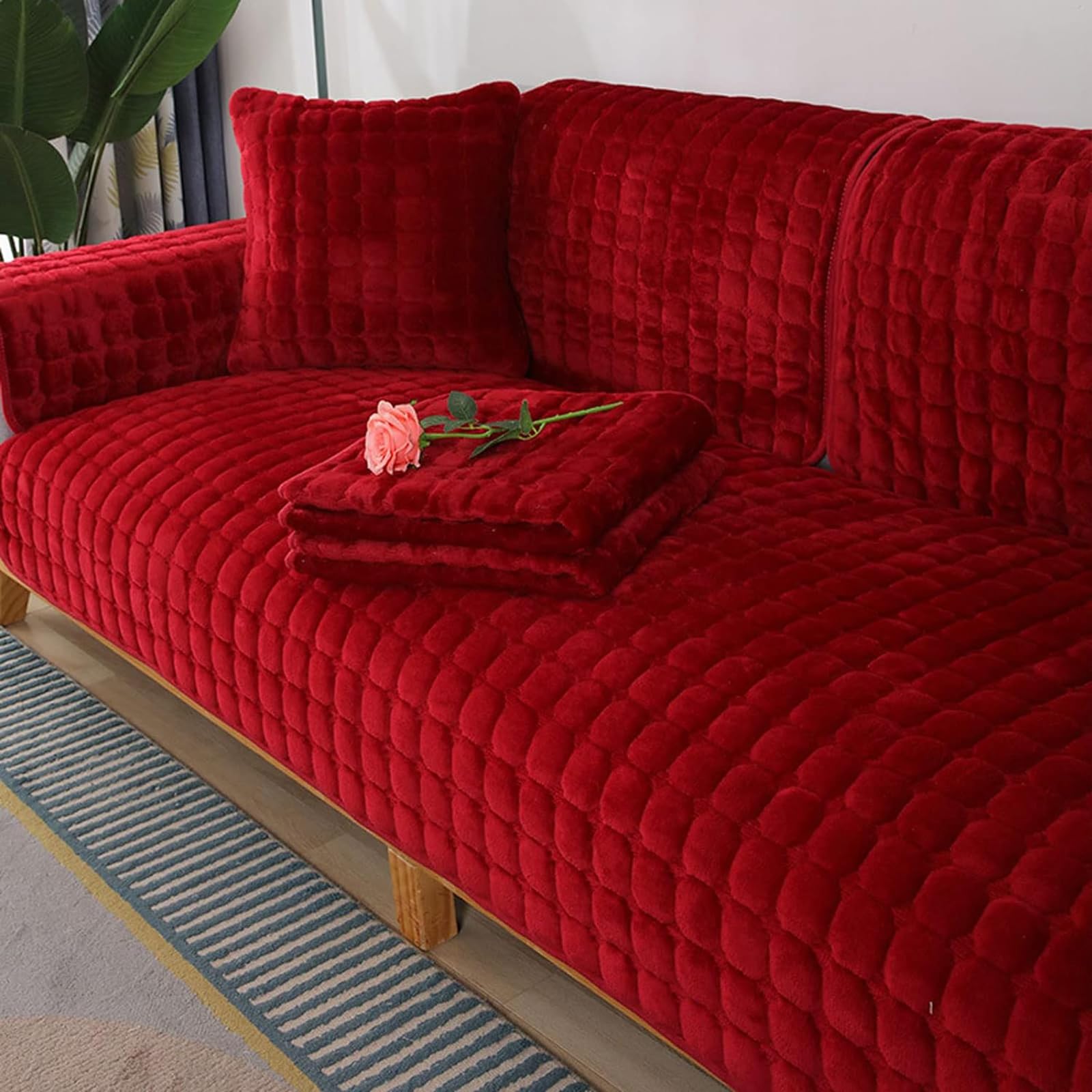 Velvet Sofa Cover 1 2 3 4 Seater, Dog Cat Sofa Protector Anti-Slip Couch Cover L Shape, Soft Sofa Cover Corner Sofa Sofa Protective Cover with Non-slip Base,Dark red,70x150cm