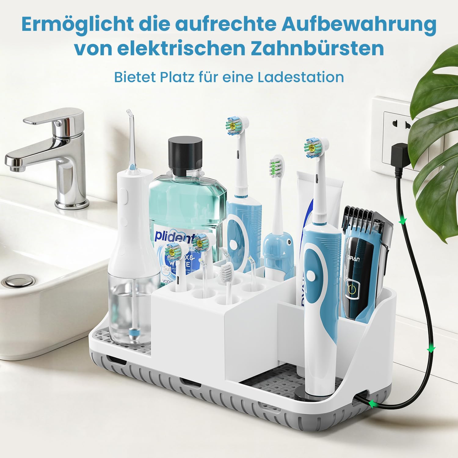 Großer Zahnbürstenhalter mit Versteckter Kabelführung und Ablauf, Abnehmbarer Badezimmer Organizer mit 11 Fächern für Elektrische Zahnbürsten, Zahnbürstenköpfe, Zahnpasta und Munddusche