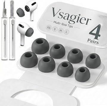 4 Pairs Ear Tip Replacement for AirPods Pro 1 & 2 - Premium Non-Slip Silicone with Noise Reduction Holes & Integrated Dust Guard Screen, Includes Cleaner KitXS/S/M/L Dark Gray