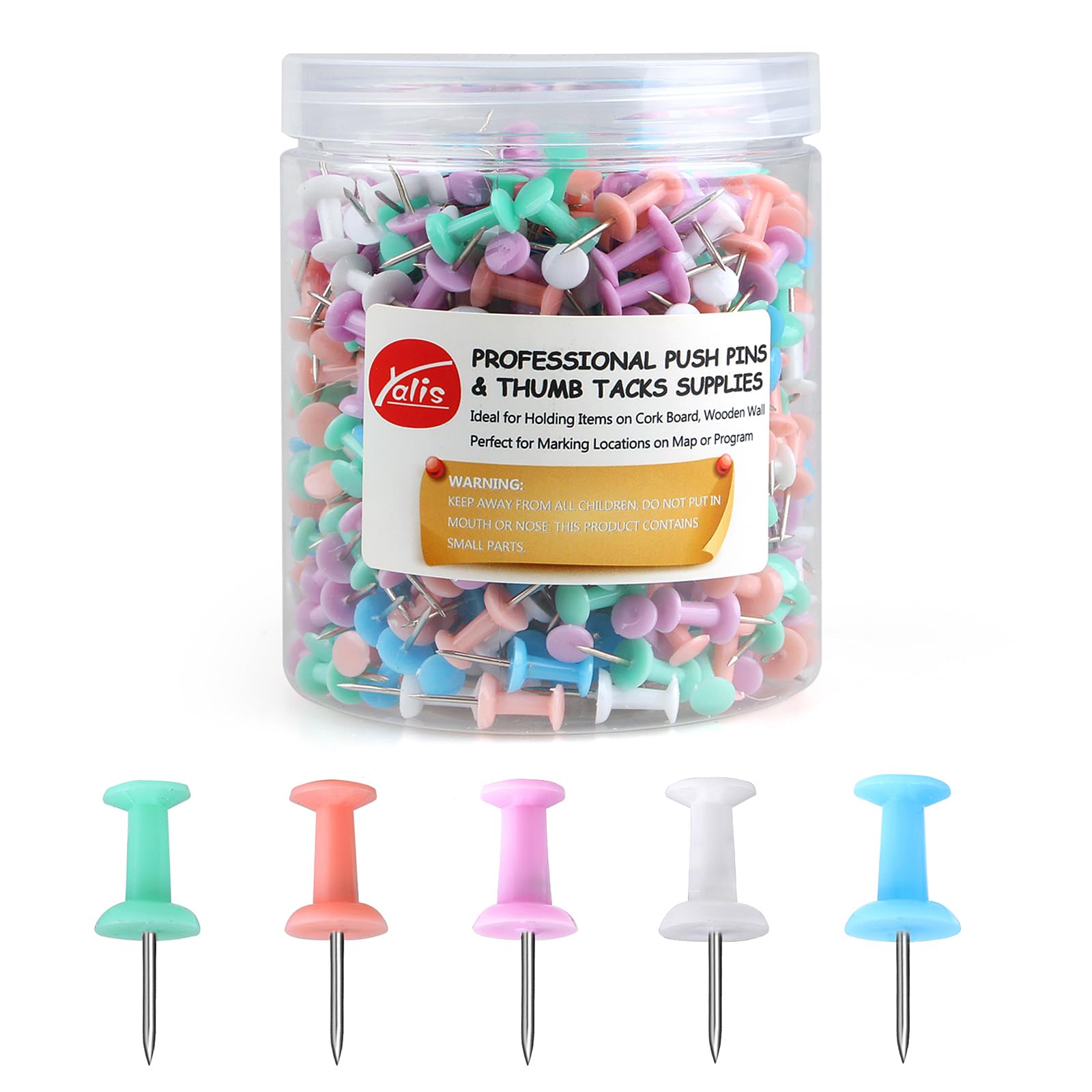 Yalis Push Pins 600 Count Macarone Colors, Standard Multicolored Thumb Tacks Steel Point and Colors Plastic Head