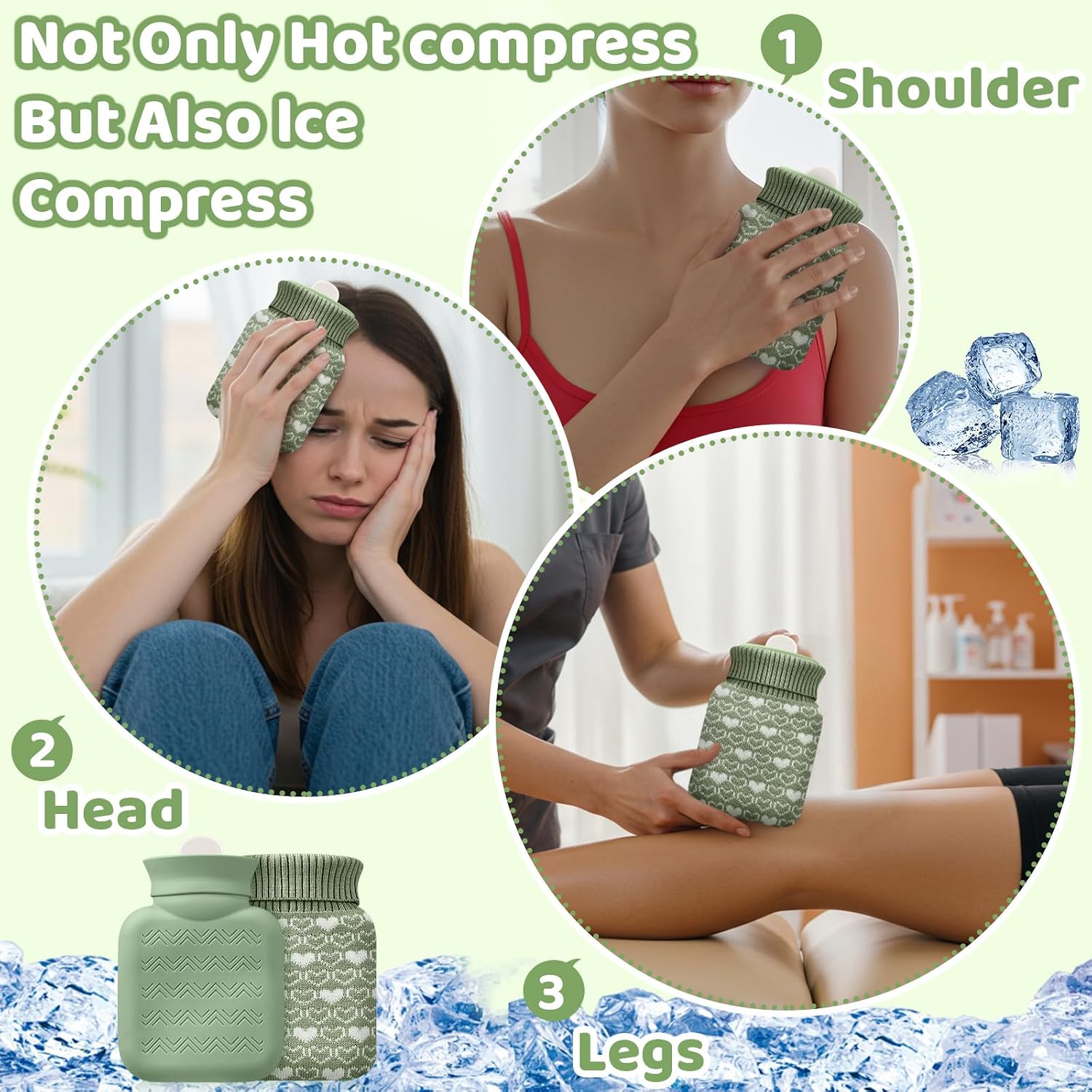 Amylove Mini Hot Water Bottle with Knitted Cover 320ml, Mother's Gift Water Bag for Women, Microwave Heating Bottle for Pain Relief Menstrual Cramps Travel(Sage Green)