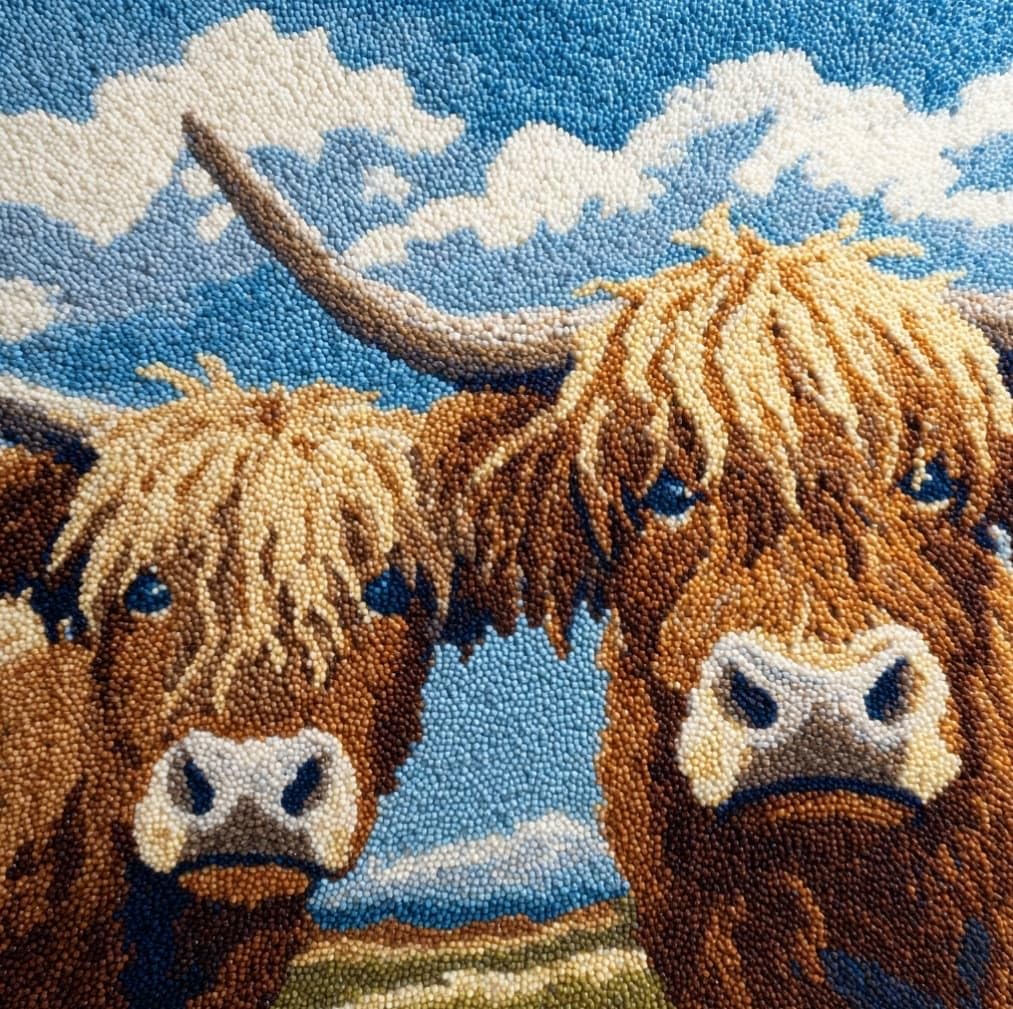 Henypt DIY Latch Hook Cushion Kit,Highland Cattle 43x43cm Sofa Pillow Cover Making Set,Premium Yarn & Printed Canvas with Clear Instructions