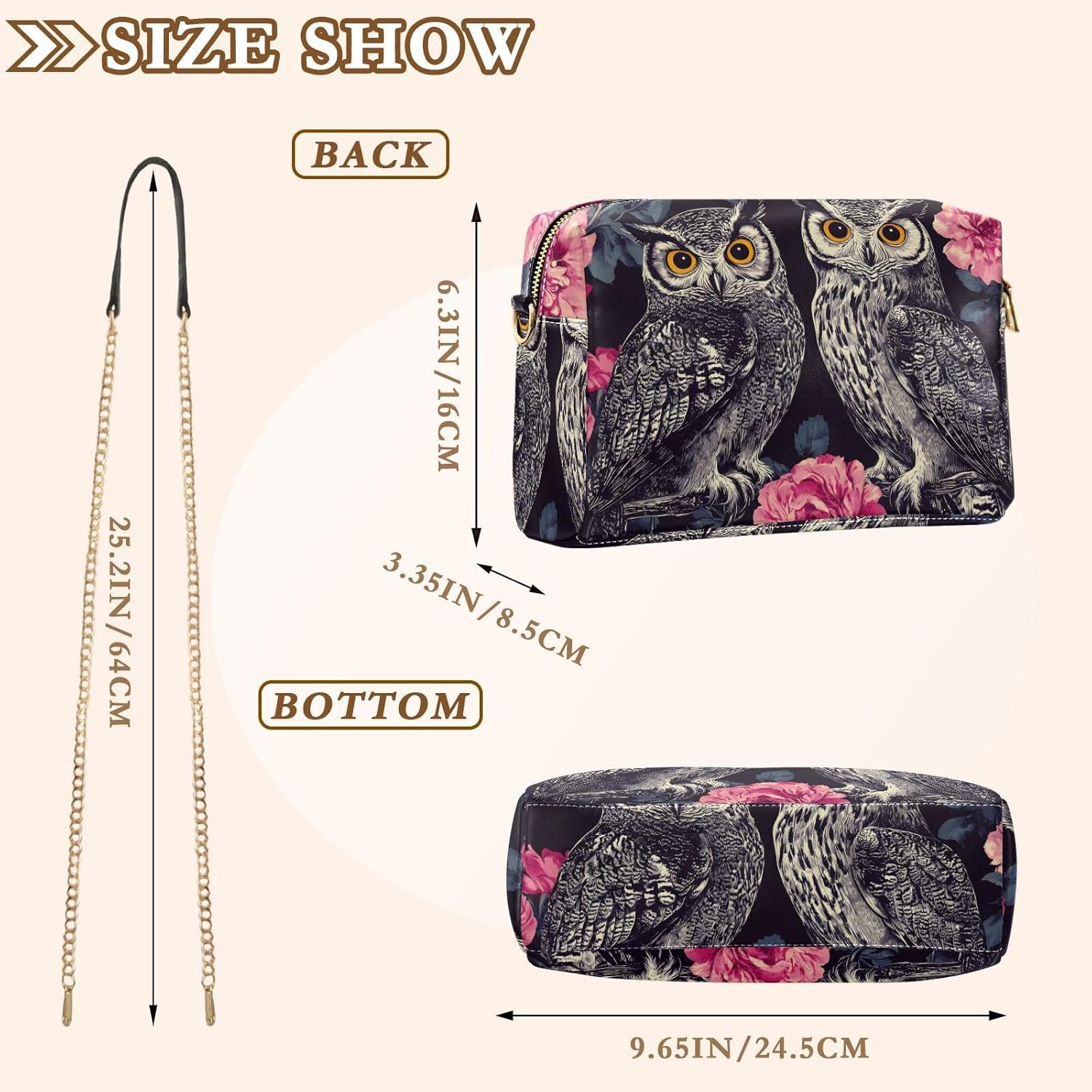 Women Crossbody Bag Shoulder Handbag Cellphone Purse Floral Owls Print, PU Leather Metal Chain Strap Water Resistant Zipper Closure