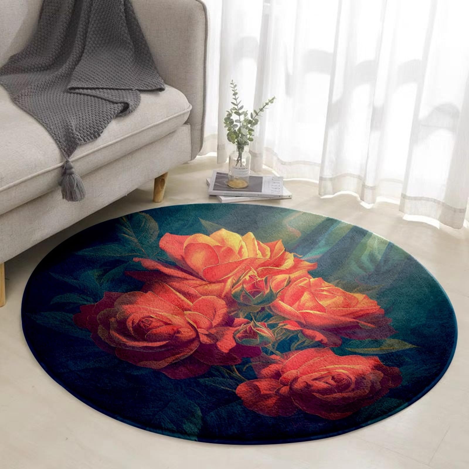 Tapis rond fleur orange et rouge de 100 cm lavable en machine pour terrasse et salon