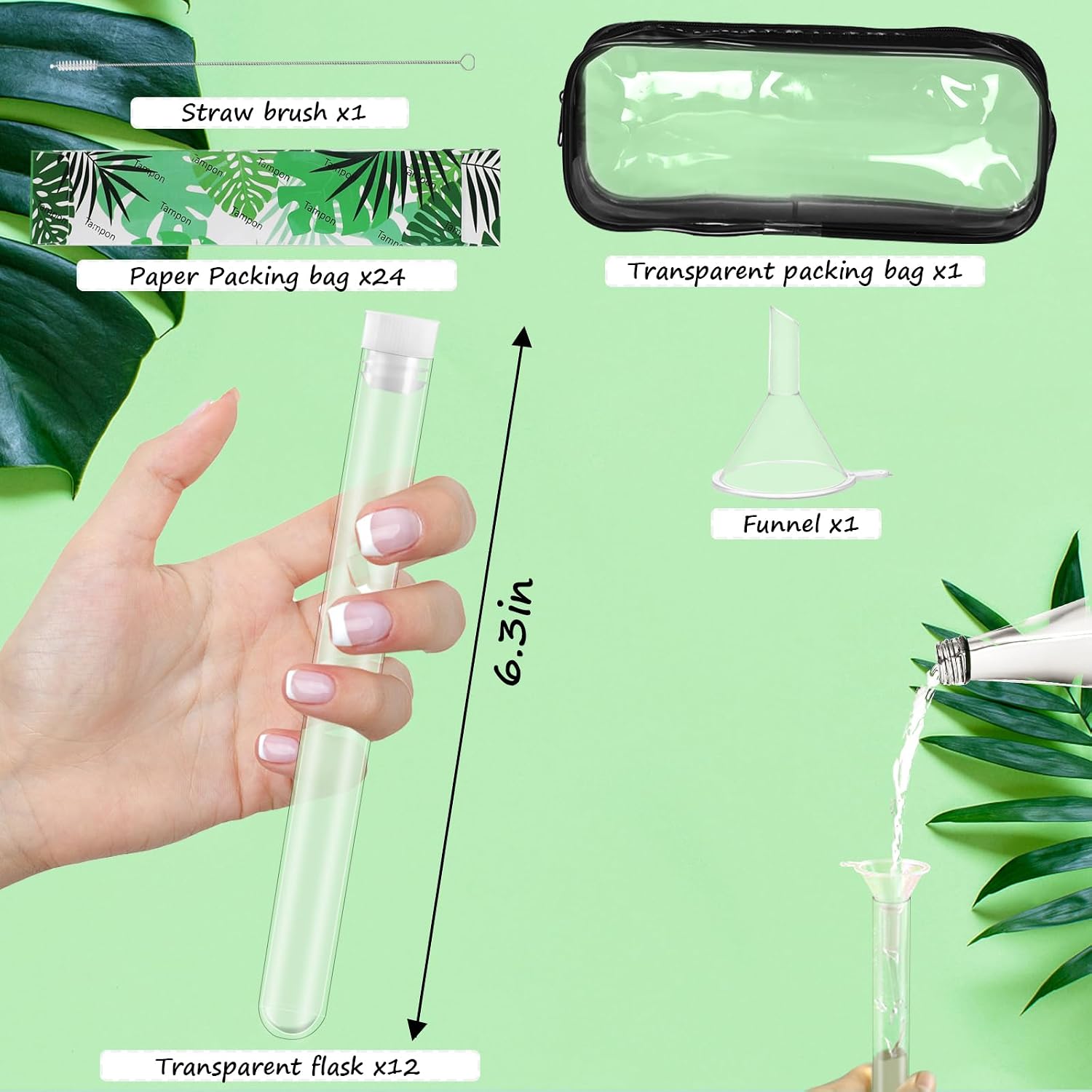 fethwoin 39 Pcs Tampon Tube Flasks Set for Women Includes 12 Reusable Plastic Flasks for Girls, 24 Self Adhesive Wrappers, 1 Funnel,1 Clear Box, Flasks for Cruise Event, Concert, Outdoor Sports