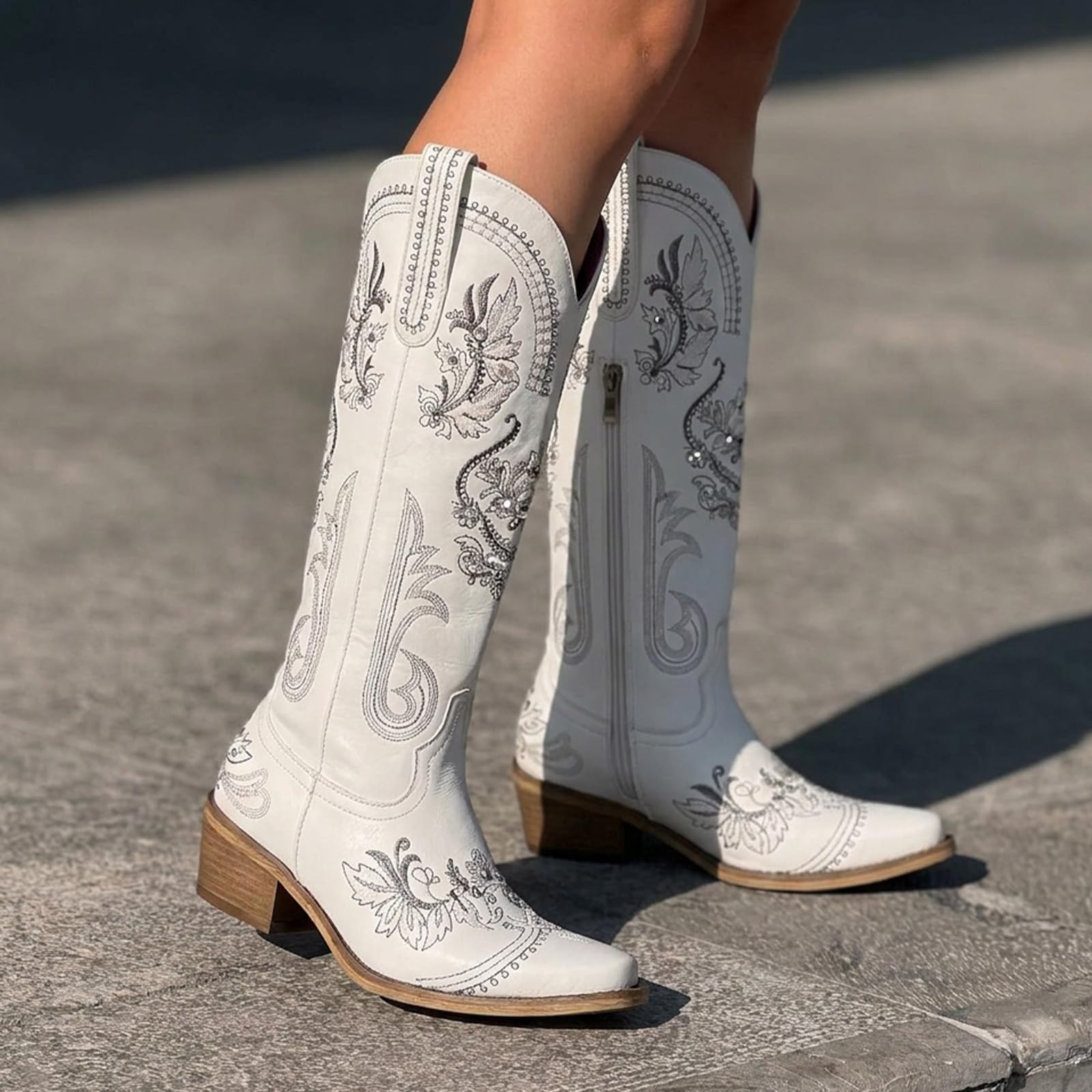 Stivali da cowboy da donna, stivali da cowgirl larghi al polpaccio alti al ginocchio, stivali da cowgirl con strass scintillanti glitterati con ricamo classico, stivali retrò a punta con