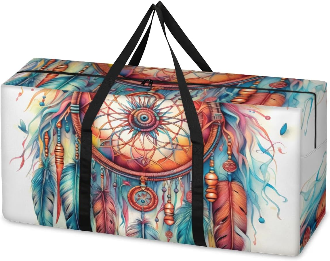 Watercolor Dream Catcher Extra Large Moving Bags Heavy Duty Storage Bags Cloth Wrap Around Handles Double Zipper Reusable Convenient Foldable Storage Tote for Travel Camping Space Save